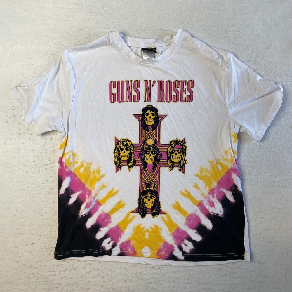 Guns N' Roses Graphic T-Shirt Mens XL White Tie Dye Cross Skulls Band Tee